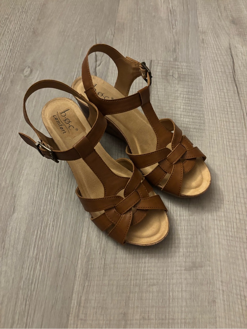 b.o.c. Tan Strappy T‑Bar Cork Wedge Sandals